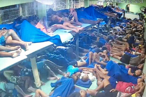 An image captured from hacked CCTV footage posted on Youtube shows an overcrowded cell in Lang Suan prison in Chumphon province.