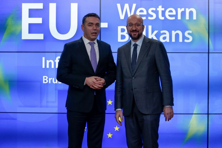 North Macedonia's Foreign Minister Nikola Dimitrov (left) was among Balkan nation leaders who met European Council President Charles Michel for talks. North Macedonia's Foreign Minister Nikola Dimitrov (left) was among Balkan nation leaders who met European Council President Charles Michel for talks.