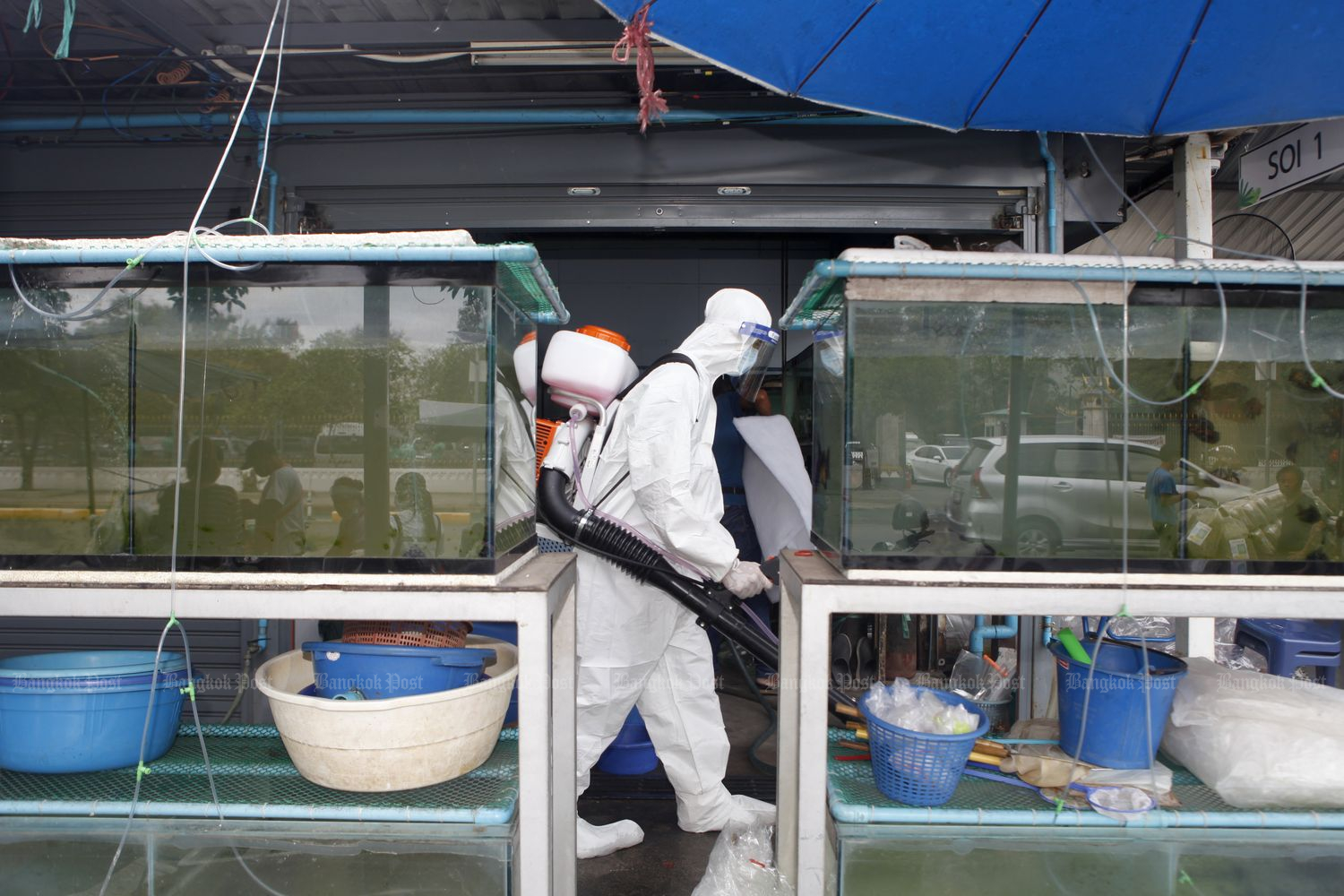 An official from the Department of National Parks, Wildlife and Plant Conservation cleans the area where pets are sold at Chatuchak Market in Bangkok on Friday. (Photo by Nutthawat Wicheanbut)