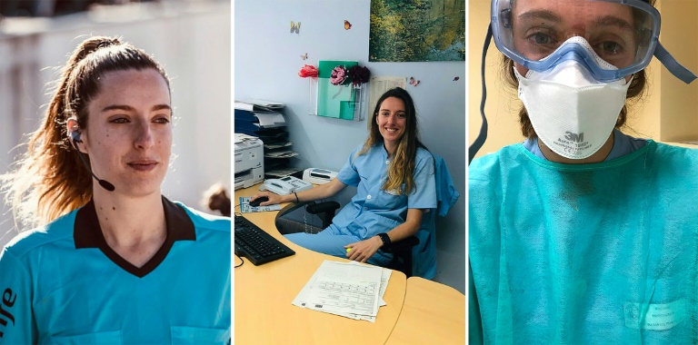 Nurse and semi-professional football referee Iragartze Fernandez officiating a match (L), at a hospital desk (C) and at a hospital in Bilbao during the COVID-19 coronavirus outbreak. Nurse and semi-professional football referee Iragartze Fernandez officiating a match (L), at a hospital desk (C) and at a hospital in Bilbao during the COVID-19 coronavirus outbreak.