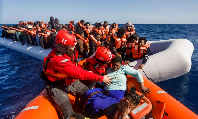 Members of the Spanish NGO Maydayterraneo prepare to sail back to the Aita Mari rescue boat with around 90 migrants in February Members of the Spanish NGO Maydayterraneo prepare to sail back to the Aita Mari rescue boat with around 90 migrants in February