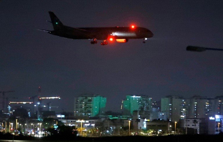 A cargo plane operated by Etihad Airways carrying medical aid to help Palestinians cope with the coronavirus pandemic prepares to land at Israel's Ben Gurion Airport near Tel Aviv on Tuesday.