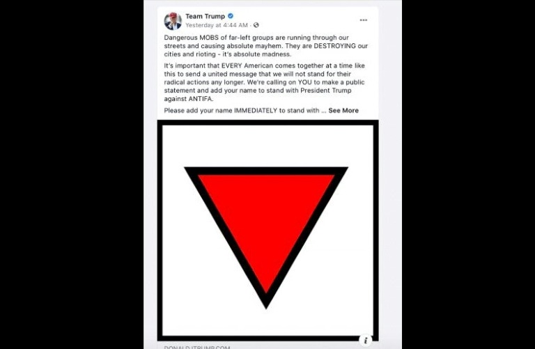 This computer screen capture shows a removed Trump campaign ad that appeared in feeds on Facebook on June 18, 2020 and contained a symbol used in Nazi Germany for political prisoners This computer screen capture shows a removed Trump campaign ad that appeared in feeds on Facebook on June 18, 2020 and contained a symbol used in Nazi Germany for political prisoners