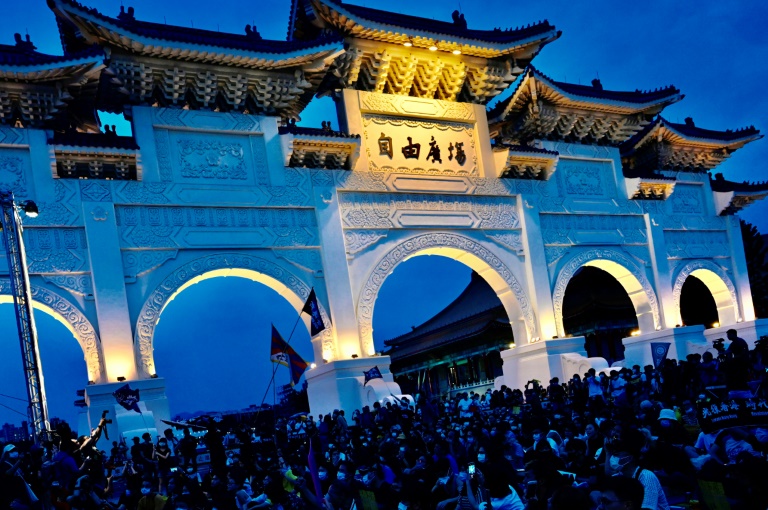 Demonstrators attend a rally to show support for Hong Kong pro-democracy protests in front of the Chiang Kai-shek Memorial Hall in Taipei, in June 2020. Demonstrators attend a rally to show support for Hong Kong pro-democracy protests in front of the Chiang Kai-shek Memorial Hall in Taipei, in June 2020.