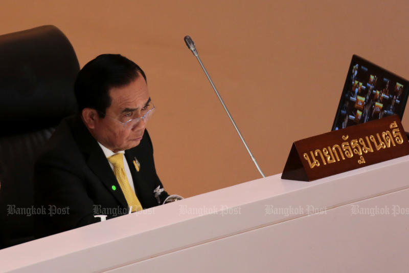 Prime Minister Prayut Chan-o-cha reacts during a debate in parliament on Wednesday. (Photo by Chanat Katanyu)