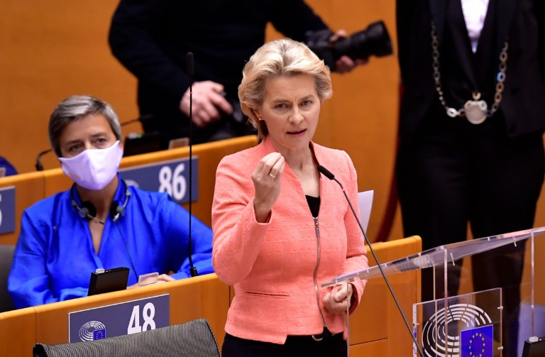 In her first State of the European Union address. European Commission President Ursula von der Leyen pledged a green recovery from the coronavirus crisis In her first State of the European Union address. European Commission President Ursula von der Leyen pledged a green recovery from the coronavirus crisis