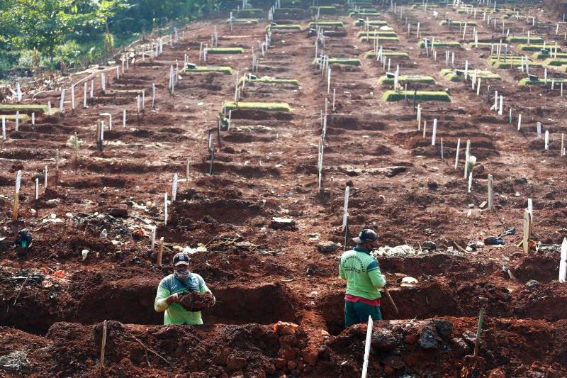 Workers prepare new graves at the Muslim burial area provided by the government for victims of the coronavirus disease (Covid-19) at Pondok Ranggon cemetery complex in Jakarta, Indonesia, Sept 16, 2020. (Reuters photo) Workers prepare new graves at the Muslim burial area provided by the government for victims of the coronavirus disease (Covid-19) at Pondok Ranggon cemetery complex in Jakarta, Indonesia, Sept 16, 2020. (Reuters photo)