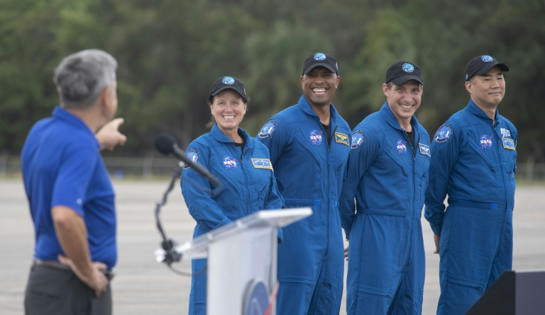 From left to right: NASA astronauts Shannon Walker, Victor Glover and Mike Hopkins, and Japanese astronaut Soichi Noguchi, seen Nov 8, 2020. From left to right: NASA astronauts Shannon Walker, Victor Glover and Mike Hopkins, and Japanese astronaut Soichi Noguchi, seen Nov 8, 2020.