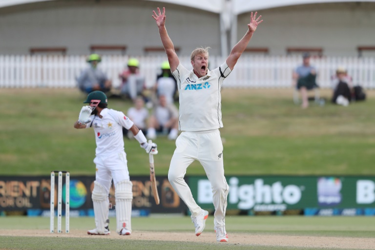 New Zealand's Kyle Jamieson celebrates after another wicket New Zealand's Kyle Jamieson celebrates after another wicket