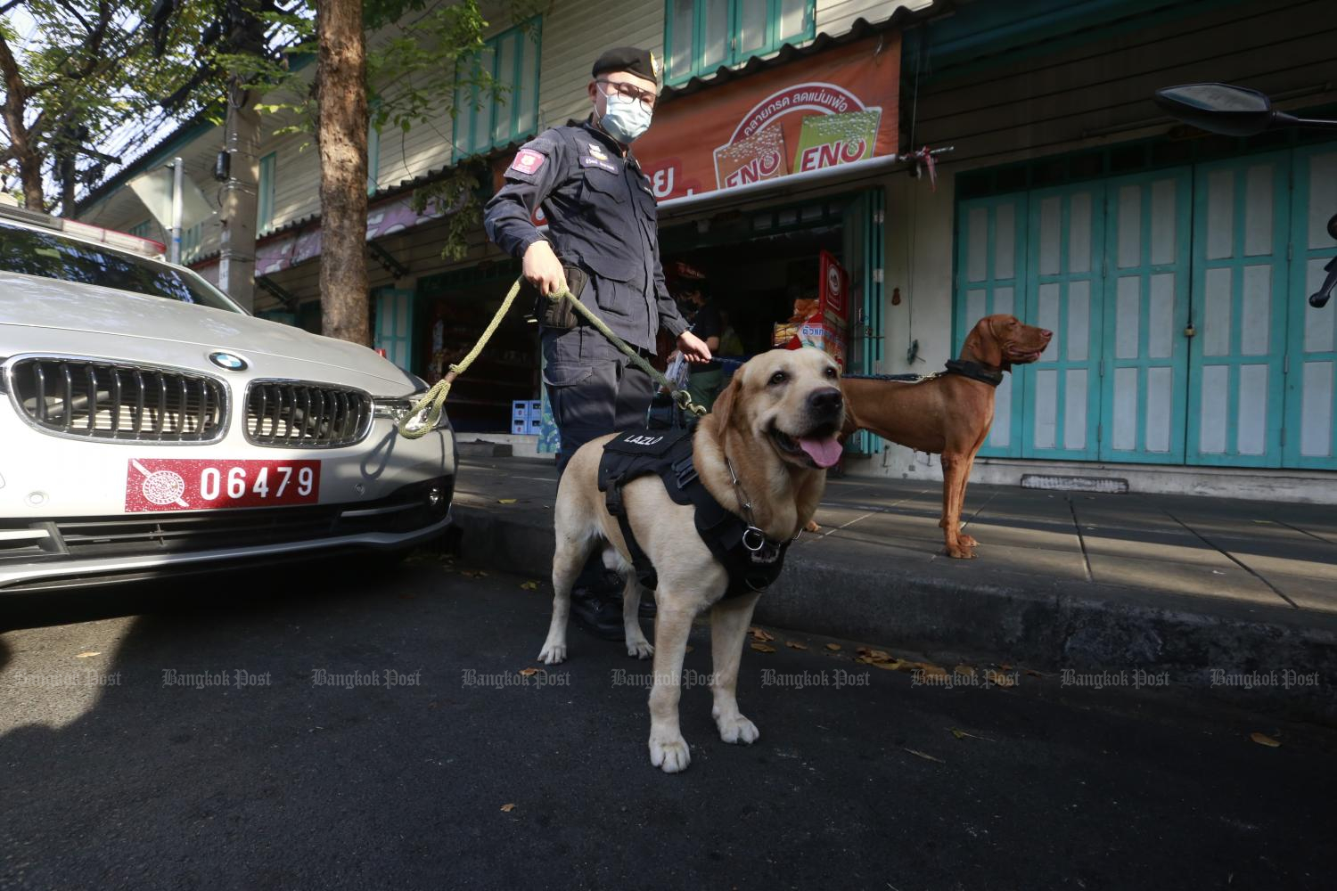 Sniffer dogs seek out illegal drugs on Monday in the area around Wat Phraya Krai in the capital. Photo by Arnun Chonmahatrakool