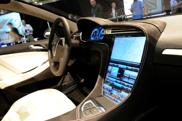 The touchscreen control panel of the Tesla Model S electric sedan is seen at the car's unveiling in Hawthorne, California in March 2009 The touchscreen control panel of the Tesla Model S electric sedan is seen at the car's unveiling in Hawthorne, California in March 2009