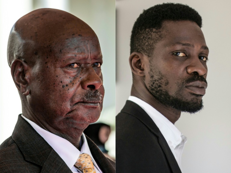 Frontrunners: President Yoweri Museveni, left, and musician-turned-politician Robert Kyagulanyi, also known as Bobi Wine Frontrunners: President Yoweri Museveni, left, and musician-turned-politician Robert Kyagulanyi, also known as Bobi Wine