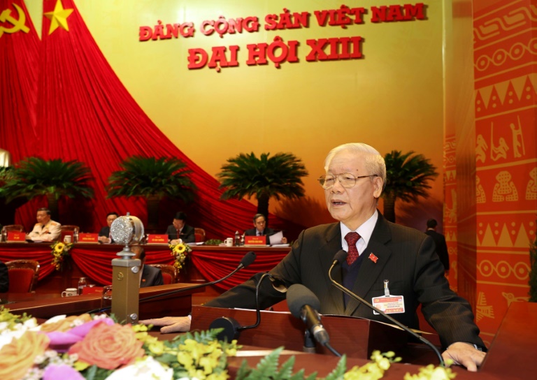 Vietnam President and Communist Party General Secretary Nguyen Phu Trong addressing the opening session of the 13th National Congress.