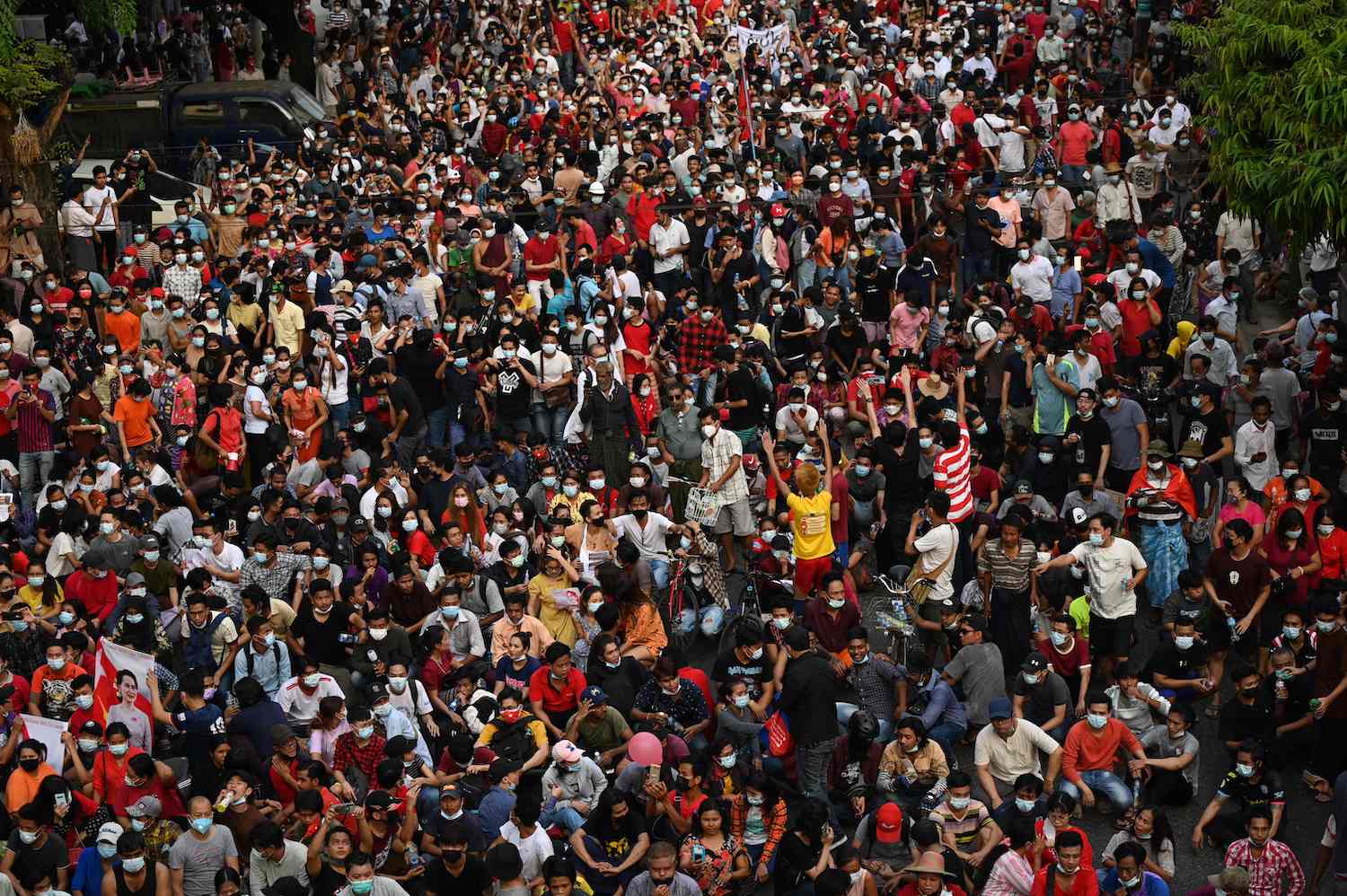 Protesters take part in a demonstration against the military coup in Yangon on Saturday. (AFP Photo)