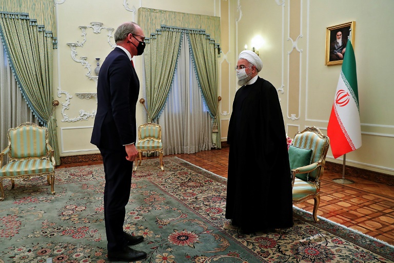 Iran's President Hassan Rouhani (right) receives Irish Foreign Minister Simon Coveney in the capital Tehran on Sunday. Iran's President Hassan Rouhani (right) receives Irish Foreign Minister Simon Coveney in the capital Tehran on Sunday.