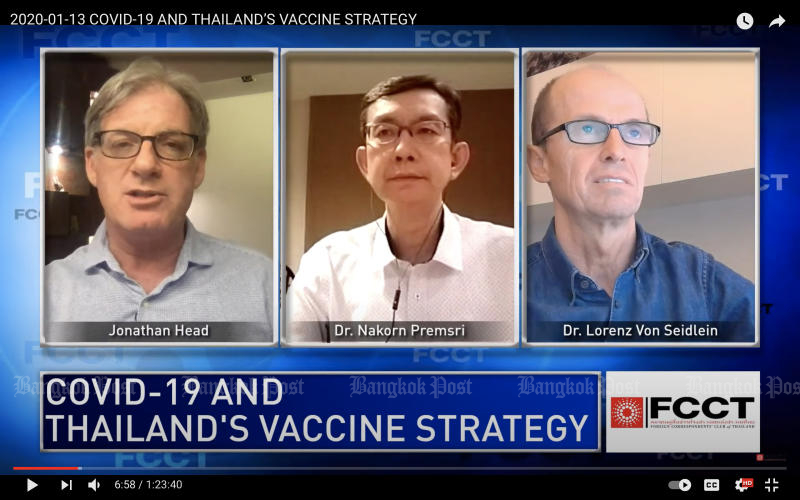 Dr Nakorn Premsri, director of the National Vaccine Institute, and Dr Lorenz Von Seidlein, a vaccine expert at the Mahidol Oxford Tropical Medicine Research Unit (MORU), join the forum on 