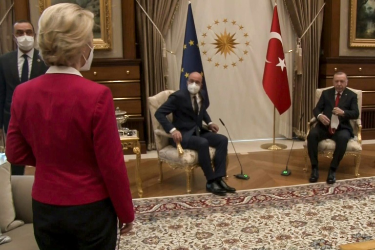 A video grab from footage released by the Turkish presidency shows Erdogan receiving EU Council President Charles Michel and EU Commission President Ursula von der Leyen -- who was left without a chair. A video grab from footage released by the Turkish presidency shows Erdogan receiving EU Council President Charles Michel and EU Commission President Ursula von der Leyen -- who was left without a chair.