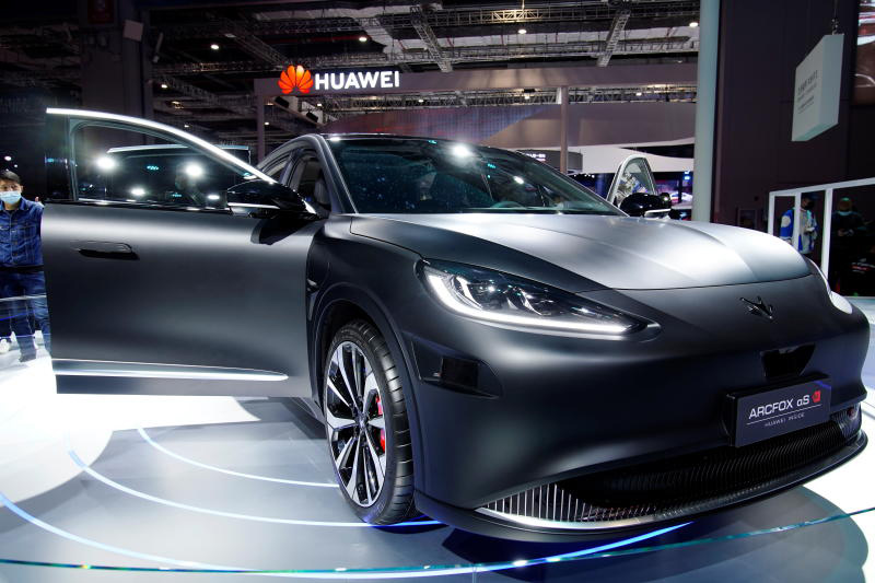 An Arcfox Alpha-S HI (Huawei Inside) electric vehicle is seen displayed during a media day for the Auto Shanghai show in Shanghai on Monday. (Reuters photo)