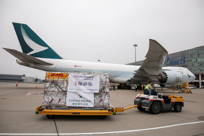 FILE PHOTO: Fosun-BioNTech Covid-19 vaccines are transported to a warehouse after being unloaded from a Cathay Pacific cargo plane at Hong Kong International Airport, in Hong Kong, Feb 27, 2021. (Reuters) FILE PHOTO: Fosun-BioNTech Covid-19 vaccines are transported to a warehouse after being unloaded from a Cathay Pacific cargo plane at Hong Kong International Airport, in Hong Kong, Feb 27, 2021. (Reuters)