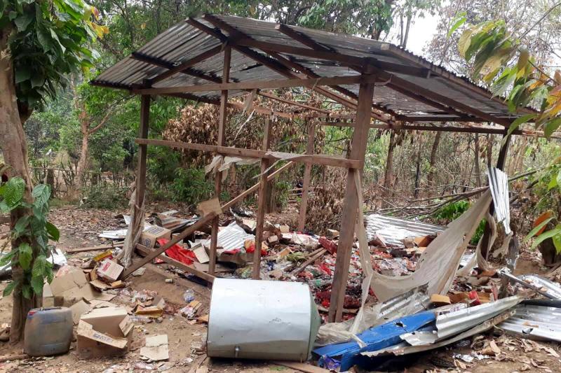 A destroyed structure is seen in the KNU Brigade 5 region in Myanmar's Karen state, after air strikes in the area following the February military coup. (AFP PHOTO / KNU DOO PLA YA DISTRICT)