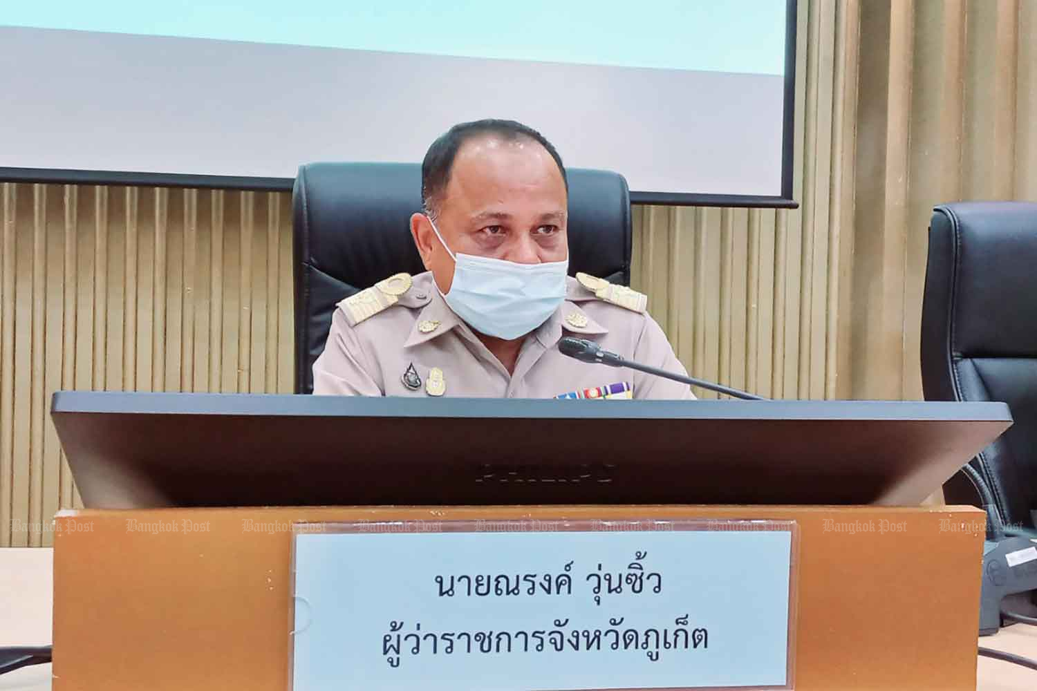 Phuket governor Narong Woonciew at a press conference on Monday. (Photo: Achadtaya Chuenniran)