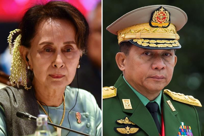 In this combination of file photos created on Nov 14, 2019, Myanmar State Counsellor Aung San Suu Kyi attends the 35th Association of Southeast Asian Nations (Asean) Summit in Bangkok on Nov 4, 2019 (left) and Myanmar military chief Senior General Min Aung Hlaing attends the 71st anniversary of Martyrs' Day in Yangon on July 19, 2018. (AFP photos) In this combination of file photos created on Nov 14, 2019, Myanmar State Counsellor Aung San Suu Kyi attends the 35th Association of Southeast Asian Nations (Asean) Summit in Bangkok on Nov 4, 2019 (left) and Myanmar military chief Senior General Min Aung Hlaing attends the 71st anniversary of Martyrs' Day in Yangon on July 19, 2018. (AFP photos)