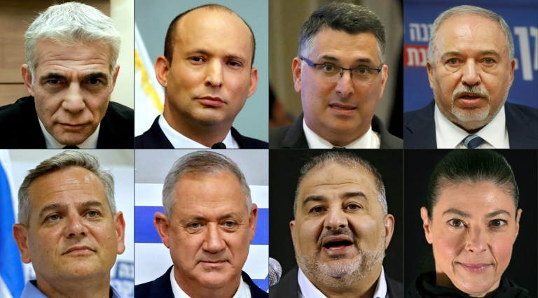 A combination of pictures created on June 2 shows the heads of Israel's newly-announced 'change' coalition who are united by their hostility to Benjamin Netanyahu, Israel's longest-serving prime minister whose rule could end on Sunday A combination of pictures created on June 2 shows the heads of Israel's newly-announced 'change' coalition who are united by their hostility to Benjamin Netanyahu, Israel's longest-serving prime minister whose rule could end on Sunday