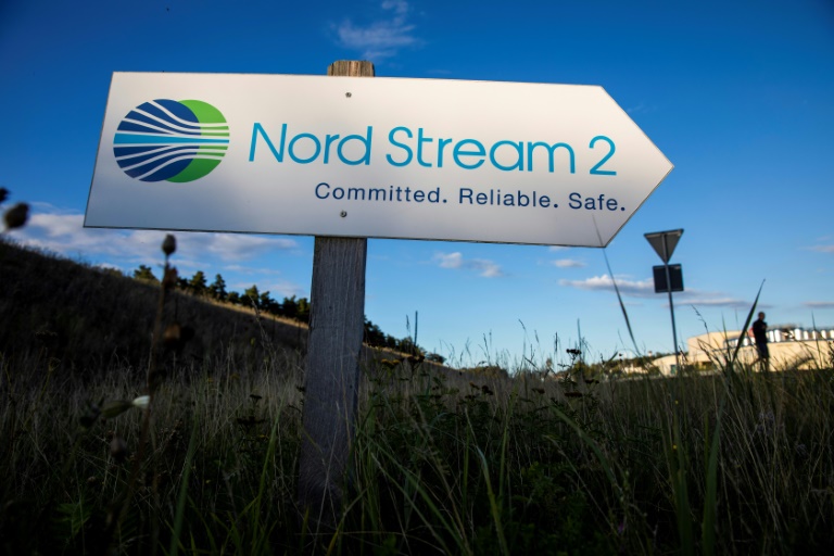 A road sign directs traffic towards the Nord Stream 2 gas line landfall facility entrance in Lubmin, north eastern Germany, in 2020. A road sign directs traffic towards the Nord Stream 2 gas line landfall facility entrance in Lubmin, north eastern Germany, in 2020.