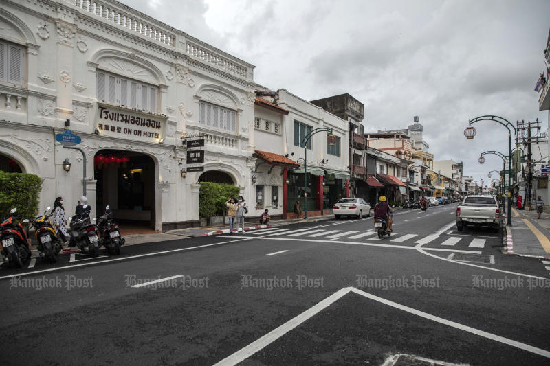 A near-empty street in Phuket Old Town in Phuket on Sunday. (Bloomberg photo)