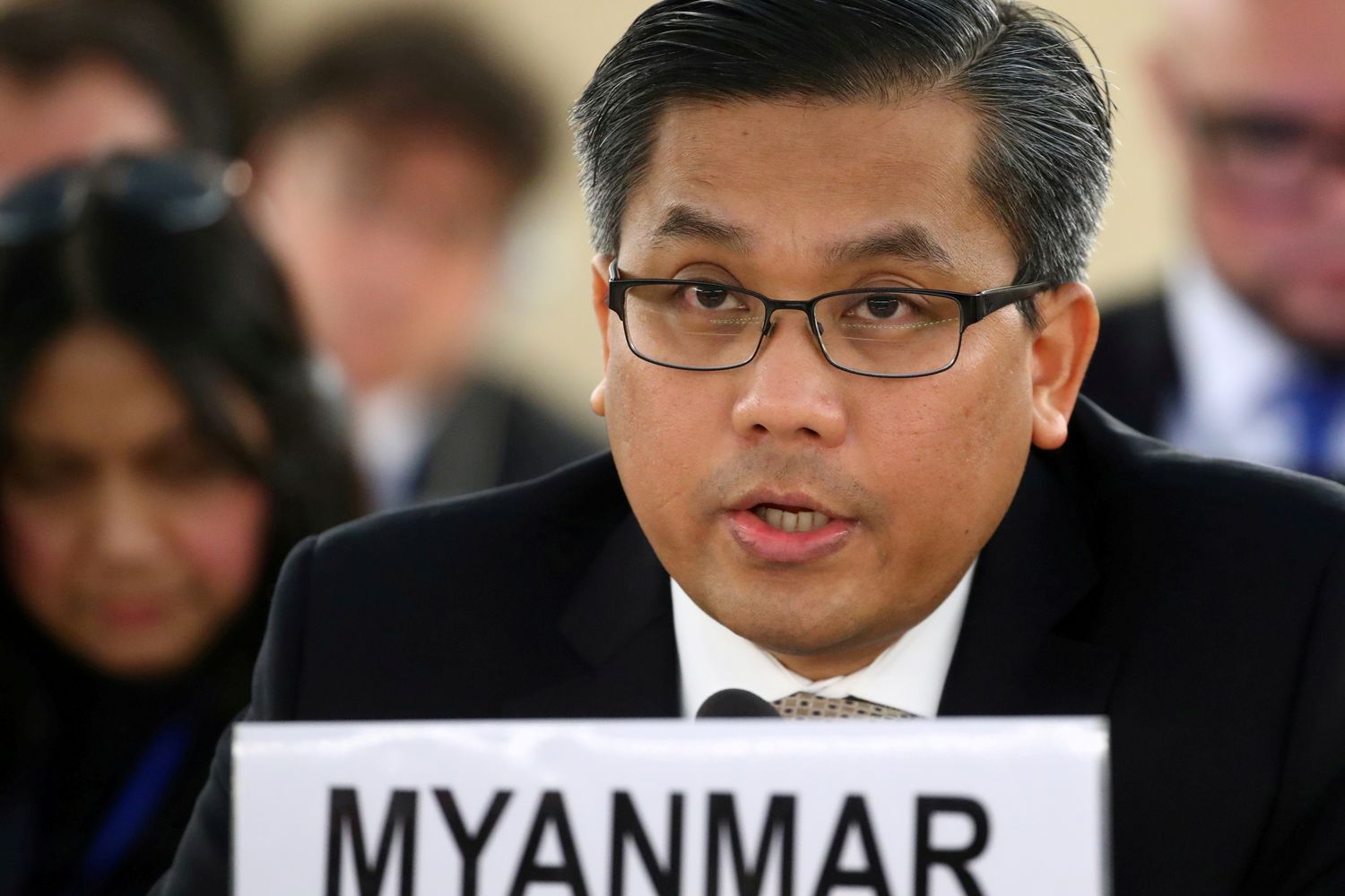 Myanmar's ambassador Kyaw Moe Tun addresses the Human Rights Council at the United Nations in Geneva, Switzerland, on March 11, 2019. (Reuters photo)