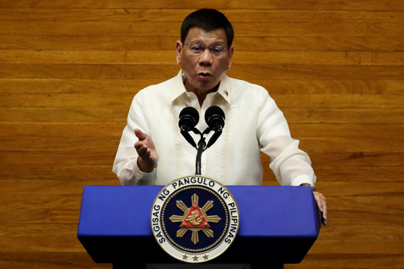 FILE PHOTO: Philippine President Rodrigo Duterte gestures as he delivers his 6th State of the Nation Address (SONA), at the House of Representative in Quezon City, Metro Manila, Philippines, July 26, 2021. (Reuters)