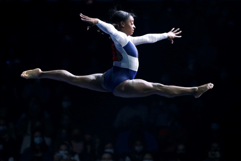 Four-time Olympic gold medallist Simone Biles performs during the Gold Over America Tour at Staples Center in California Four-time Olympic gold medallist Simone Biles performs during the Gold Over America Tour at Staples Center in California