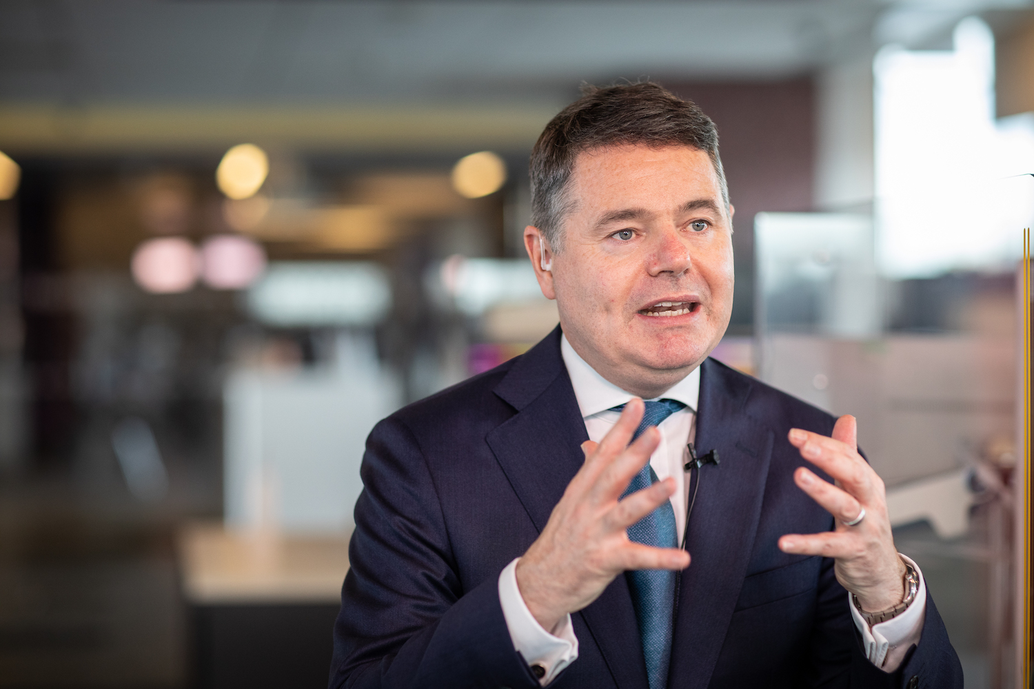 Paschal Donohoe, Ireland's finance minister, discusses the global corporate tax deal during an interview with Bloomberg Television in Dublin on Friday. (Bloomberg Photo) Paschal Donohoe, Ireland's finance minister, discusses the global corporate tax deal during an interview with Bloomberg Television in Dublin on Friday. (Bloomberg Photo)