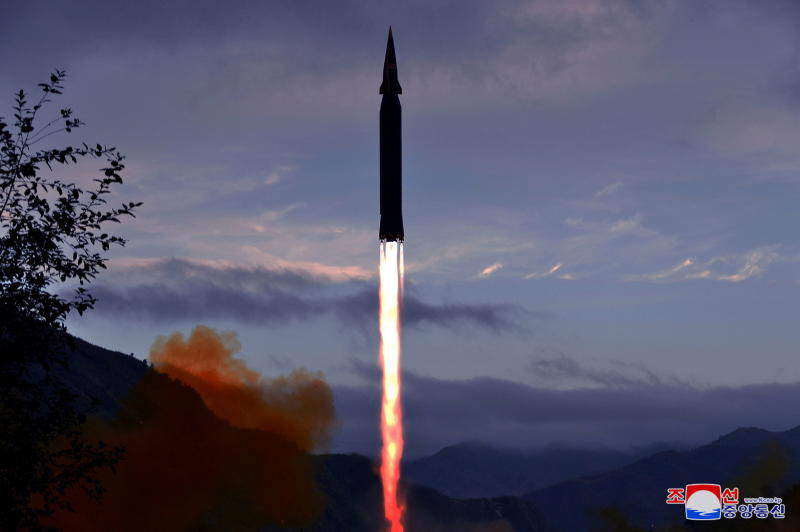 FILE PHOTO: The newly developed hypersonic missile Hwasong-8 is test-fired by the Academy of Defence Science of the DPRK in Toyang-ri, Ryongrim County of Jagang Province, North Korea, in this undated photo released on Sept 29, 2021 by North Korea's Korean Central News Agency (KCNA). (KCNA via REUTERS)