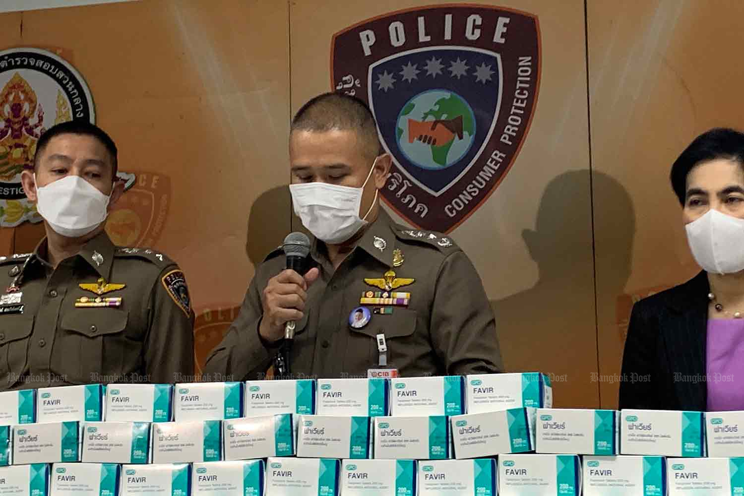 Boxes of the antiviral drug Favir seized from illegal online vendors, shown at the Consumer Protection Police Division in Bangkok on Wednesday. (Photo supplied)