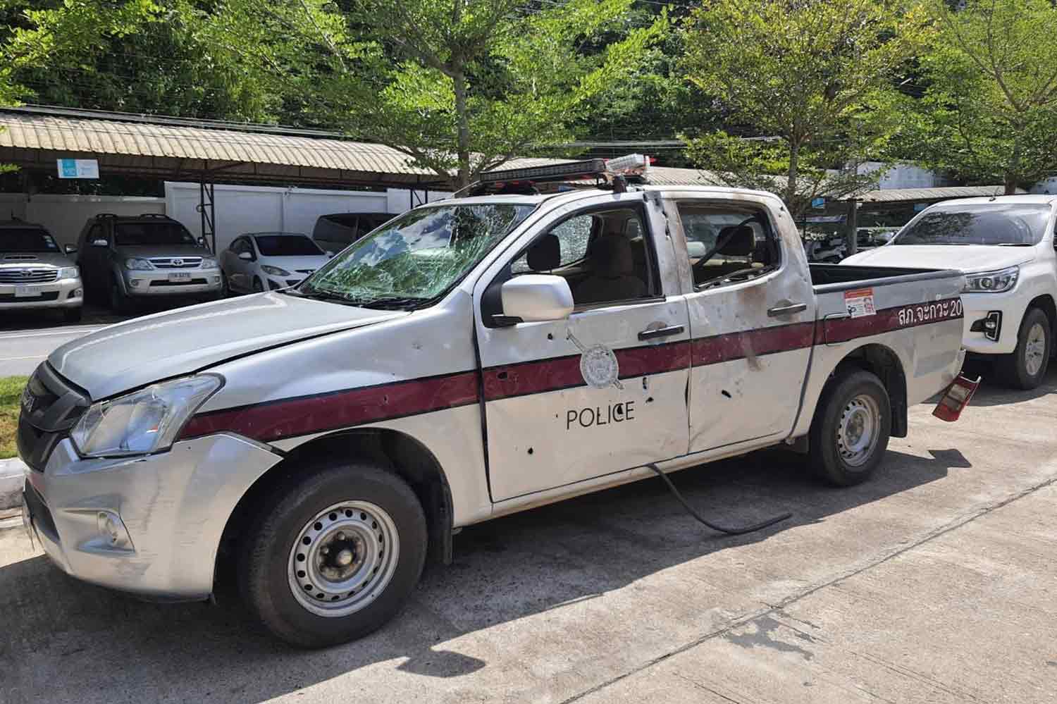 The police pickup damaged by a roadside bomb that injured the three policemen inside it, in Yala's Raman district, on Monday morning. (Photo: Abdullah Benjakat)