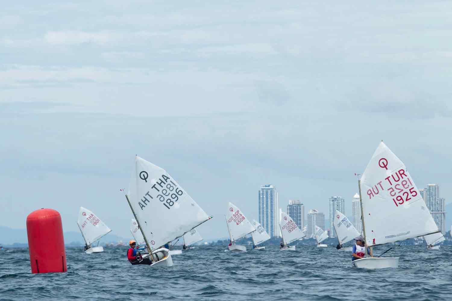 Racing in the 2021 Optimist Asian and Oceanian Championship regatta in Pattaya on Monday. (Photo supplied) Racing in the 2021 Optimist Asian and Oceanian Championship regatta in Pattaya on Monday. (Photo supplied)