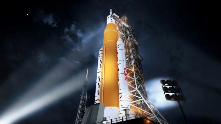 Nasa's new rocket, the Space Launch System (SLS), in its Block 1 crew vehicle configuration that will send astronauts to the Moon on the Artemis missions. Nasa's new rocket, the Space Launch System (SLS), in its Block 1 crew vehicle configuration that will send astronauts to the Moon on the Artemis missions.