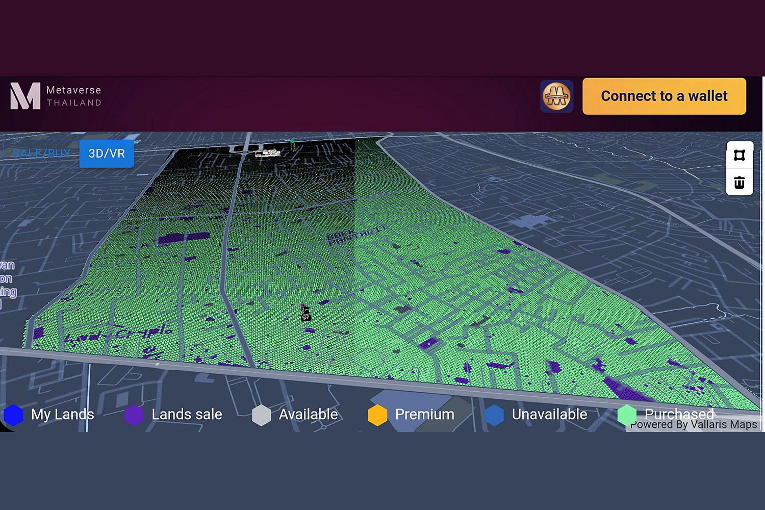 Metaverse Thailand shows virtual land plots around the Ekamai area that have been purchased (in green).