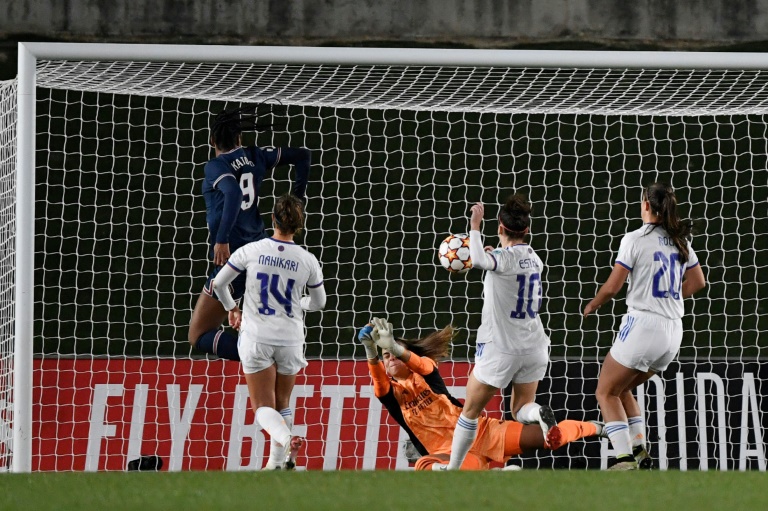 Marie-Antoinette Katoto (L) scores the opener for PSG against Real Madrid Marie-Antoinette Katoto (L) scores the opener for PSG against Real Madrid