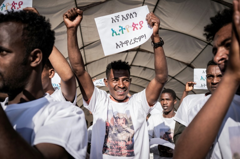 New military recruits brandished placards attacking purported fake news at a sending-off ceremony in Addis Ababa on Wednesday New military recruits brandished placards attacking purported fake news at a sending-off ceremony in Addis Ababa on Wednesday