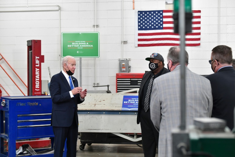 US President Joe Biden speaks as he tours the Kansas City Area Transportation Authority in Missouri. US President Joe Biden speaks as he tours the Kansas City Area Transportation Authority in Missouri.