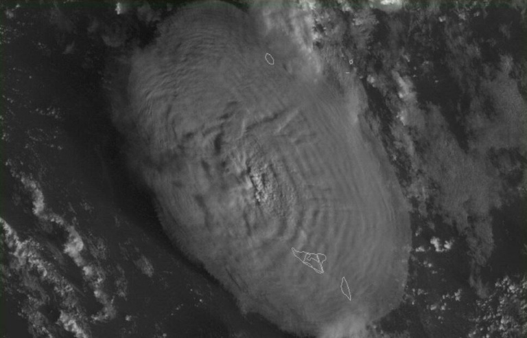 A screen grab taken from a US weather satellite on January 15, 2022 shows the volcanic eruption that triggered a tsunami in Tonga. A screen grab taken from a US weather satellite on January 15, 2022 shows the volcanic eruption that triggered a tsunami in Tonga.