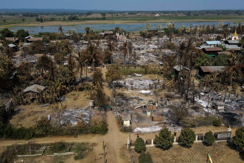 This file handout photo by Chin Twin Chit Thu taken on Feb 3, 2022 and released on Feb 5, 2022 shows an aerial photo of burnt buildings in Mingin Township, in Sagaing Division, where more than 105 buildings were destroyed by junta military troops, according to local media. (AFP) This file handout photo by Chin Twin Chit Thu taken on Feb 3, 2022 and released on Feb 5, 2022 shows an aerial photo of burnt buildings in Mingin Township, in Sagaing Division, where more than 105 buildings were destroyed by junta military troops, according to local media. (AFP)