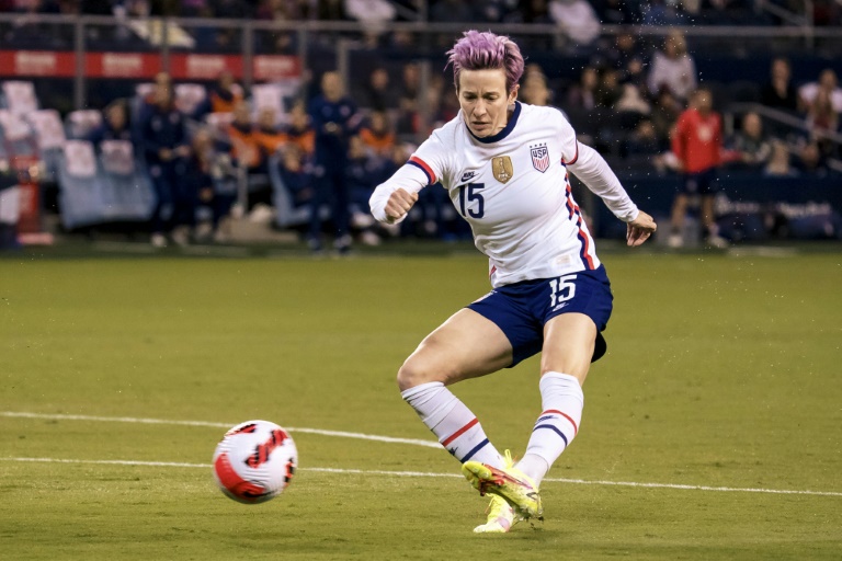 US player Megan Rapinoe in a 2021 game against Korea Republic in Kansas City US player Megan Rapinoe in a 2021 game against Korea Republic in Kansas City