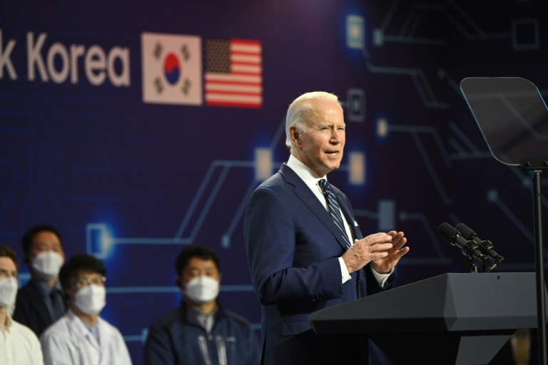 US President Joe Biden speaks following a tour of the Samsung Electronics factory in Pyeongtaek to open his South Korea trip US President Joe Biden speaks following a tour of the Samsung Electronics factory in Pyeongtaek to open his South Korea trip