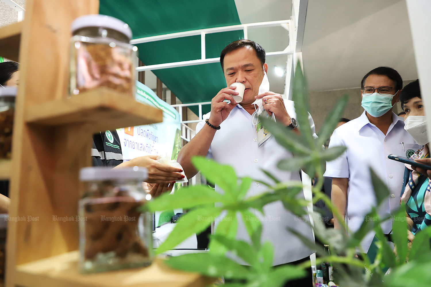 Pot tea taste test: Deputy Prime Minister Anutin Charnvirakul tastes some cannabis tea at an exhibition that hosted a signing ceremony on cannabis and hemp yesterday among related agencies at the Public Health Ministry. (Photo: Pattarapong Chatpattarasill)