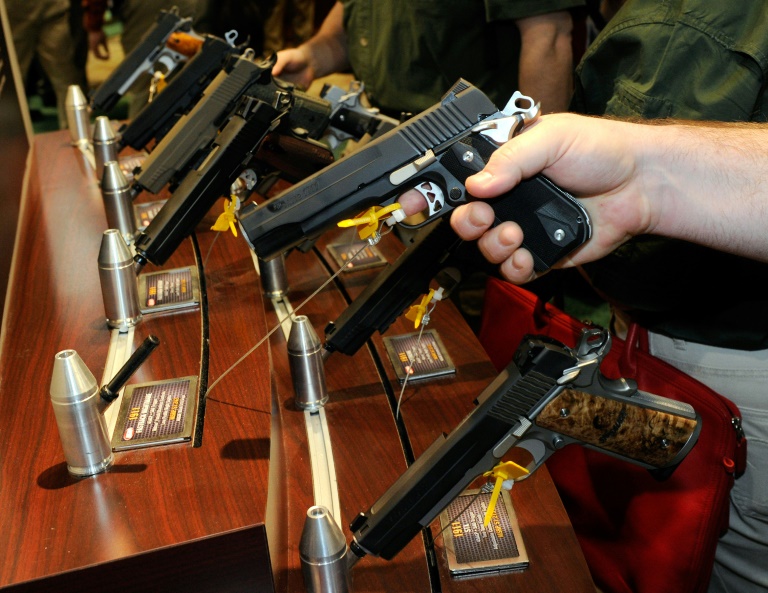 Pistols on display at the National Shooting Sports Foundation trade show in Las Vegas, Nevada.