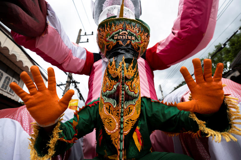 A man wearing a ghost costume takes part in the annual Ghost Festival in Dan Sai district of Loei province on Saturday. The festival returns after it was suspended for two years due to the Covid-19 pandemic. (Reuters photo)