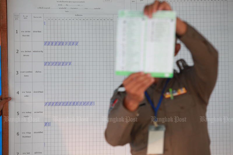 A staff member calls out the vote for a constituency at a Samut Prakan polling station on March 24, 2019. A Nida opinion poll on Sunday shows most people do not understand the method for the calculation for party-list MPs in the upcoming election. (Photo: Somchai Poomlard)